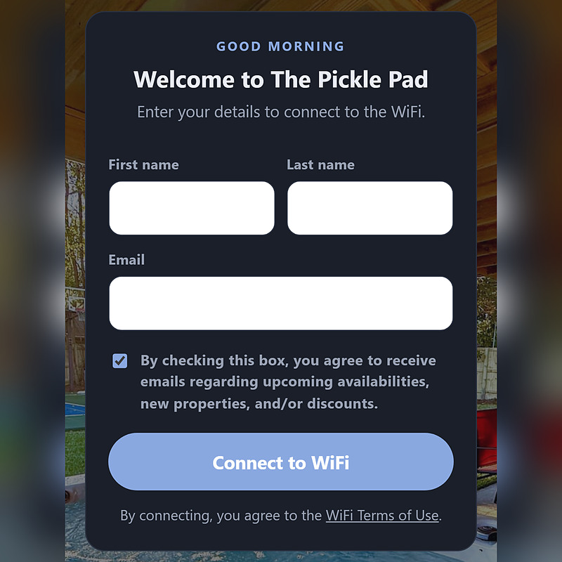 The guest WiFi sign-in page on a phone: Welcome to Casa Oliva, name and email fields, and a Connect to WiFi button over the cabin's photo